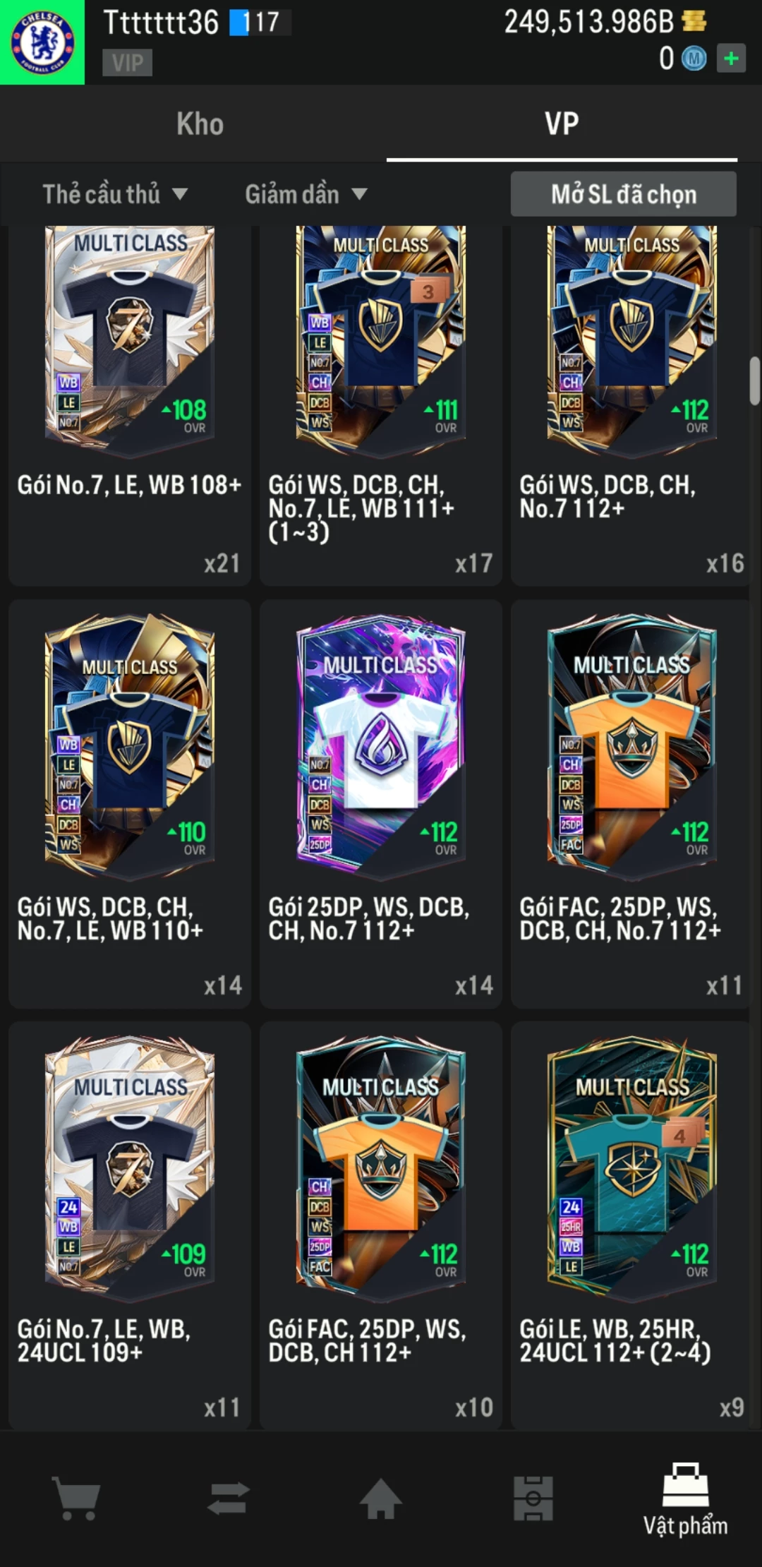 Ảnh ACC mở thẻ (LOẠI SVIP PROMAX) bao gồm có 02 thẻ +12, 04 thẻ PRIME (QH+, CP+, XS+, HĐ+) và hơn 1600+ thẻ cầu thủ từ Siêu sao đến Miền núi các loại. Acc có sẵn BP trắng từ 230.000 tỷ BP đến 250.000 tỷ BP kèm theo nhiều ngày SVIP